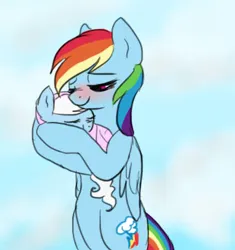Size: 396x422 | Tagged: safe, artist:p0n1es, derpibooru import, rainbow dash, oc, oc:cumulus, pegasus, pony, fanfic:instant mom, adopted, adopted offspring, adoption, baby, baby pony, blushing, carrying, female, filly, foal, image, jpeg, mare, momma dash, parent:rainbow dash