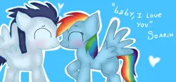 Size: 748x350 | Tagged: safe, artist:chibicatsartits, derpibooru import, rainbow dash, soarin', pegasus, pony, blushing, eyes closed, female, image, jpeg, male, mare, shipping, soarindash, stallion, straight