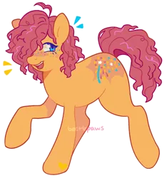 Size: 1434x1533 | Tagged: safe, artist:beetlepaws, derpibooru import, sparkleworks, earth pony, pony, g3, alternate hairstyle, blue eyes, curly hair, curly mane, curly tail, cutie mark, food, freckles, hoof heart, image, multicolored freckles, open mouth, orange, pink hair, pink mane, pink tail, png, raised hoof, simple background, smiling, tail, transparent background, underhoof