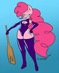 Size: 567x700 | Tagged: suggestive, artist:hypnofur, derpibooru import, pinkie pie, anthro, earth pony, bdsm, boob window, boots, breasts, cleavage, clothes, curly hair, curly tail, dominatrix, female, gloves, grin, hand on hip, high heel boots, hips, image, jpeg, latex, latex boots, latex gloves, latex suit, lidded eyes, long gloves, long legs, looking at you, paddle, shoes, smiling, smiling at you, solo, tail, thigh boots, thighs, waist
