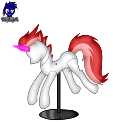 Size: 3840x4154 | Tagged: safe, artist:damlanil, derpibooru import, oc, oc:swift apex, pegasus, pony, bondage, clothes, collar, commission, crystal horn, encasement, fake horn, horn, image, inanimate tf, latex, magic, magic aura, male, mannequin, mannequin tf, no mouth, objectification, pedestal, petrification, png, ponyquin, rubber, shiny, show accurate, simple background, solo, stallion, transformation, transparent background, vector, wings