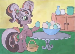 Size: 2560x1859 | Tagged: safe, artist:lilacdash, derpibooru import, cheerilee (g3), earth pony, pony, g3, easter, easter egg, egg, female, g3.5, holiday, image, jpeg, mare, solo, traditional art