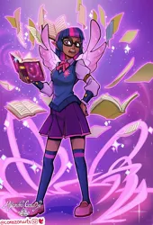 Size: 2037x3000 | Tagged: safe, artist:corazon, artist:corazonarts, derpibooru import, twilight sparkle, twilight sparkle (alicorn), alicorn, human, blackwashing, book, bowtie, clothes, dark skin, elf ears, female, friendship journal, glasses, humanized, image, jpeg, levitation, looking at you, magic, open mouth, skirt, socks, solo, telekinesis, thigh highs, unicorns as elves, vest, winged humanization, wings