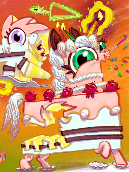 Size: 3000x4000 | Tagged: safe, artist:ja0822ck, derpibooru import, pinkie pie, ponified, earth pony, food pony, original species, pegasus, pony, unicorn, birthday, cake, cherry, food, image, plate, png