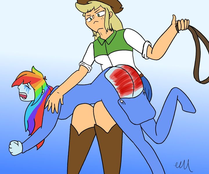 Size: 2400x2000 | Tagged: artist needed, suggestive, derpibooru import, applejack, rainbow dash, human, equestria girls, ass, belt, blue background, butt, clothes, crying, duo, duo female, female, image, jpeg, over the knee, pajamas, rainbutt dash, simple background, spank mark, spanked, spanking