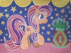 Size: 2560x1921 | Tagged: safe, artist:lilacdash, derpibooru import, scootaloo (g3), earth pony, pony, g3, female, flower, g3.5, image, jpeg, mare, solo, stars, traditional art