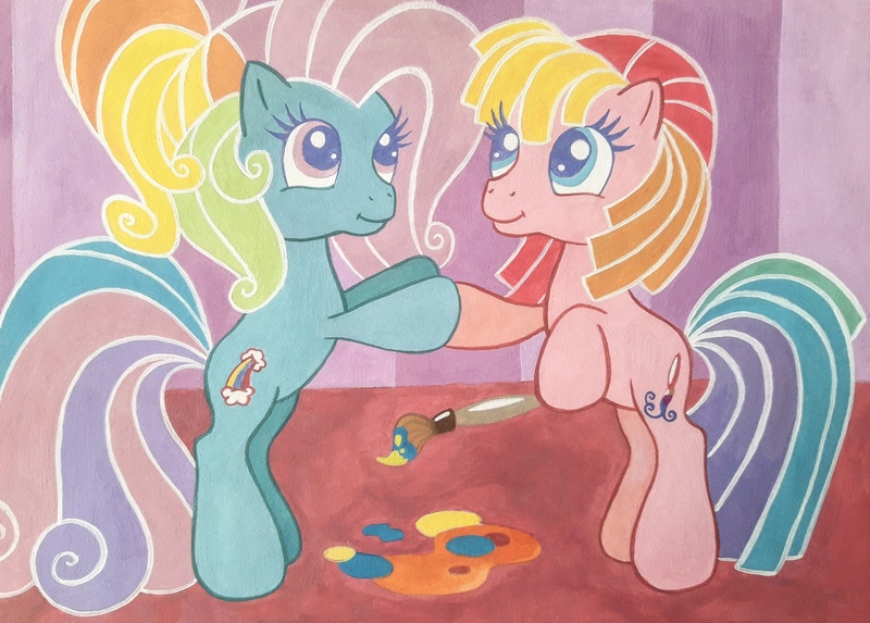 Size: 2560x1832 | Tagged: safe, artist:lilacdash, derpibooru import, rainbow dash (g3), toola roola, earth pony, pony, g3, duo, duo female, female, g3.5, image, jpeg, mare, paintbrush, traditional art