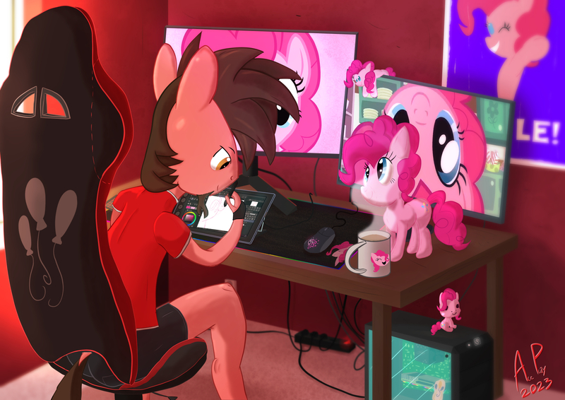 Size: 1754x1240 | Tagged: safe, artist:ace play, derpibooru import, pinkie pie, oc, oc:ace play, unofficial characters only, anthro, earth pony, unguligrade anthro, chair, clothes, coffee, computer, computer mouse, dock, drawing, drawing tablet, extension cord, funko pop!, gaming chair, image, jpeg, male, monitor, mousepad, mug, office chair, pinkie pie's cutie mark, plushie, poster, shirt, shorts, sitting, solo, sticker, t-shirt, tail