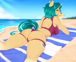 Size: 1500x1217 | Tagged: suggestive, artist:bylullabysoft, derpibooru import, oc, oc:depth chaser, anthro, unicorn, ass, back freckles, beach, beach towel, breasts, butt, butt freckles, clothes, coat markings, eyelashes, freckles, futa, green hair, hand on chin, hips, horn, image, intersex, looking at you, looking back, looking back at you, lying down, png, prone, rear view, sand, short hair, sideboob, socks (coat marking), solo, swimsuit, tail, thighs, thong swimsuit, towel, two toned tail, two-piece swimsuit, unicorn horn, waist, water