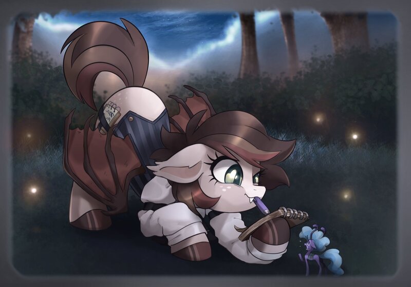 Size: 2000x1400 | Tagged: safe, artist:suniscathorsis, derpibooru import, oc, oc:news flash, bat pony, breezie, firefly (insect), insect, pony, clothes, fangs, female, forest, image, jpeg, mare, mouth hold, necktie, outfit, spread wings, tree, vest, wings