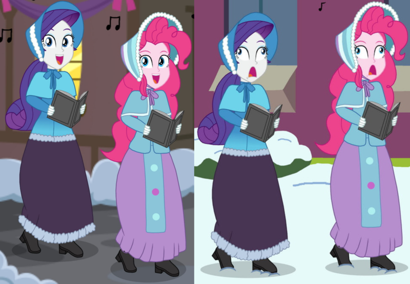 Size: 3264x2261 | Tagged: safe, artist:robukun, derpibooru import, pinkie pie, rarity, human, equestria girls, caroling, clothes, comparison, dress, humanized, image, long dress, long skirt, png, skirt, victorian, victorian dress