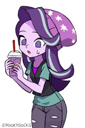 Size: 512x768 | Tagged: safe, artist:spookysocks, derpibooru import, starlight glimmer, equestria girls, curious, grimace shake, image, mcdonald's, meme, nervous sweat, png, solo