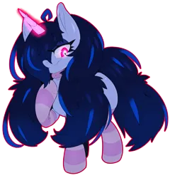 Size: 2400x2500 | Tagged: safe, artist:sinrizuki, derpibooru import, oc, oc:ephemilie, unicorn, blue mane, clothes, glow, glowing eyes, glowing horn, horn, image, pigtails, png, socks, stockings, thigh highs, twintails