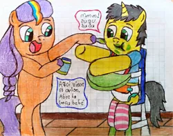 Size: 3856x3033 | Tagged: safe, artist:bitter sweetness, derpibooru import, sunny starscout, oc, oc:bitter sweetness, unofficial characters only, earth pony, pony, unicorn, g5, my little pony: a new generation, my little pony: tell your tale, abdl, adult foal, bib, chair, clothes, diaper, diaper fetish, female, fetish, food, graph paper, green eyes, highchair, horn, image, male, non-baby in diaper, open mouth, open smile, png, smiling, socks, spanish, striped socks, traditional art, translated in the description, wooden floor