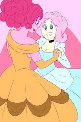 Size: 2500x3750 | Tagged: safe, artist:qsky, derpibooru import, fluttershy, pinkie pie, human, equestria girls, bare shoulders, breasts, cleavage, clothes, dancing, dress, female, flutterpie, gown, grin, holding hands, image, lesbian, looking at each other, looking at someone, png, shipping, smiling, smiling at each other