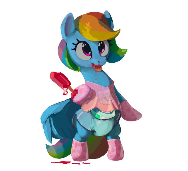 Size: 2086x1899 | Tagged: questionable, artist:asdfasfasda, derpibooru import, rainbow dash, pegasus, pony, adult foal, bipedal, clothes, diaper, diaper fetish, diaper under clothes, female, fetish, food, happy, hot pants, image, jpeg, mare, messy eating, non-baby in diaper, popsicle, shirt, simple background, smiling, socks, solo, white background, wings