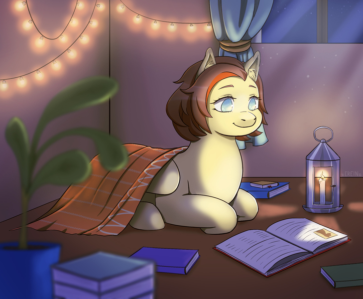 Size: 1920x1580 | Tagged: safe, artist:erein, derpibooru import, oc, oc:yuris, unofficial characters only, pegasus, pony, book, brown mane, cute, ears up, female, garland, image, indoors, jpeg, night, reading, room, smiling, solo, solo female, stars, turquoise eyes, vase, window, wingding eyes