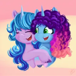 Size: 2048x2048 | Tagged: safe, artist:galaxy swirl, derpibooru import, izzy moonbow, pony, unicorn, g5, spoiler:g5, abstract background, blushing, bust, coat markings, colored hooves, colored horn, cute, duo, duo female, eyes closed, female, gradient hair, gradient horn, gradient mane, happy, horn, hug, image, izzybetes, jpeg, mare, misty brightdawn, mistybetes, multicolored hair, multicolored mane, open mouth, open smile, signature, smiling, socks (coat marking), unshorn fetlocks