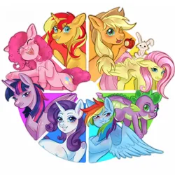 Size: 1920x1920 | Tagged: safe, artist:murfa, derpibooru import, angel bunny, applejack, fluttershy, pinkie pie, rainbow dash, rarity, spike, sunset shimmer, twilight sparkle, twilight sparkle (alicorn), alicorn, dragon, earth pony, pegasus, pony, rabbit, unicorn, angel riding fluttershy, animal, apple, applejack's hat, art challenge, blushing, color wheel, color wheel challenge, cowboy hat, dragon wings, eyelashes, feathered wings, female, fetlock tuft, folded wings, food, g4, grin, hat, horn, image, looking at you, male, mane seven, mane six, mare, open mouth, open smile, png, simple background, smiling, spread wings, tongue out, unshorn fetlocks, white background, winged spike, wings
