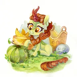 Size: 1196x1200 | Tagged: safe, artist:maytee, derpibooru import, autumn blaze, kirin, basket, food, image, png, sitting, solo, traditional art, watermelon