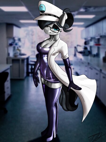 Size: 3600x4800 | Tagged: artist needed, suggestive, derpibooru import, oc, oc:dr.kramer, anthro, background, blue eyes, clothes, glasses, hat, image, jpeg, lab coat, latex, rubber, socks, solo, thigh highs