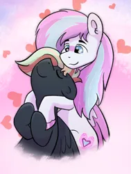 Size: 1361x1801 | Tagged: safe, artist:single purpose, derpibooru import, oc, oc:dyn, oc:treading step, pegasus, pony, colored wings, couple, duo, duo male, eyes closed, gay, heart, holding hooves, hug, image, leaning back, love, male, multicolored hair, multicolored mane, multicolored wings, png, snuggling, wings
