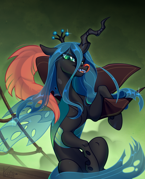 Size: 1596x1959 | Tagged: safe, artist:kanika-png, derpibooru import, queen chrysalis, changeling, changeling queen, celaeno's airship, collaboration, fangs, female, hat, image, long tongue, looking at you, open mouth, pirate hat, png, ship, solo, tongue out