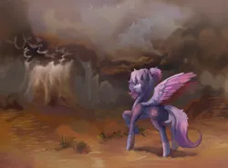 Size: 6465x4778 | Tagged: safe, artist:yasu, derpibooru import, oc, unofficial characters only, pegasus, pony, cloud, commission, confident, dark, desert, desert storm, image, png, sand, scar, scenery, smiling, solo, storm