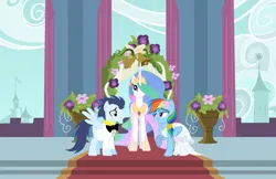 Size: 1205x783 | Tagged: safe, artist:3d4d, derpibooru import, princess celestia, rainbow dash, soarin', alicorn, pegasus, pony, bride, clothes, dress, female, groom, image, male, mare, marriage, png, shipping, soarindash, stallion, straight, tuxedo, wedding, wedding dress