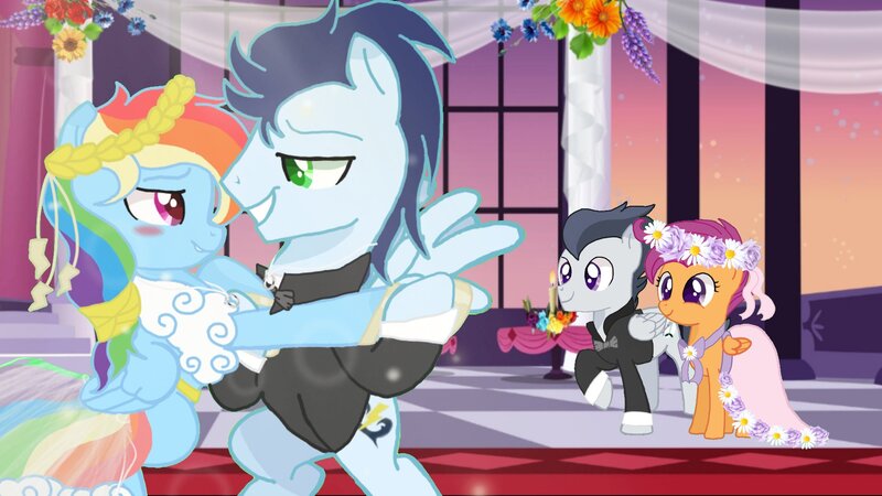 Size: 1920x1080 | Tagged: safe, artist:honeydream1, derpibooru import, rainbow dash, rumble, scootaloo, soarin', pegasus, pony, bride, clothes, dancing, dress, female, flower filly, groom, husband and wife, image, jpeg, just married, male, mare, marriage, married couple, rumbloo, shipping, siblings, sisters, soarindash, stallion, straight, teenager, tuxedo, wedding, wedding dress