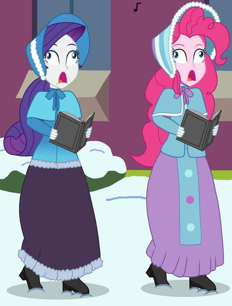 Size: 507x667 | Tagged: safe, artist:robukun, derpibooru import, pinkie pie, rarity, human, undead, zombie, equestria girls, caroling, clothes, derp, dress, duo, image, jpeg, long dress, long skirt, skirt, victorian, victorian dress