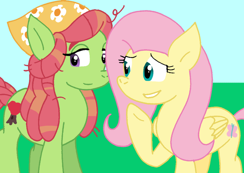 Size: 1026x727 | Tagged: safe, artist:cmara, derpibooru import, fluttershy, tree hugger, earth pony, pegasus, pony, duo, female, grin, image, mare, png, raised hoof, smiling