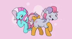 Size: 4144x2262 | Tagged: safe, artist:somethingatall, ponerpics import, minty, sweet stuff, earth pony, pony, twinkle eyed pony, g1, g3, bow, clothes, crystal eyes, duo, female, generation leap, image, mare, open mouth, png, raised hoof, simple background, smiling, socks, tail bow