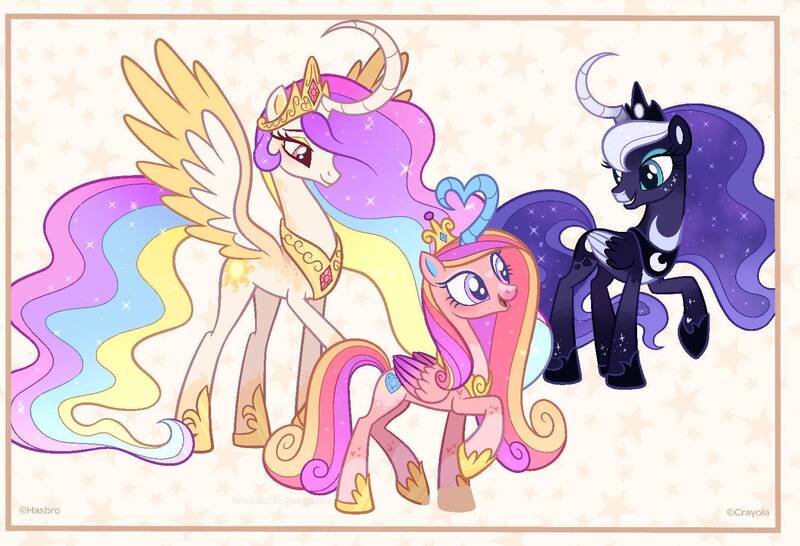 Size: 1577x1076 | Tagged: safe, artist:wanderingpegasus, derpibooru import, princess cadance, princess celestia, princess luna, alicorn, pony, alicorn triarchy, crown, eyeshadow, female, hoof shoes, image, jewelry, jpeg, makeup, mare, markings, open mouth, raised hoof, redesign, regalia, trio