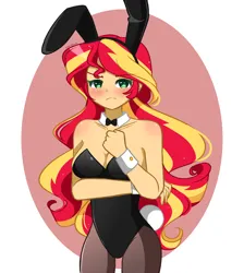 Size: 3104x3467 | Tagged: safe, alternate version, artist:kittyrosie, derpibooru import, sunset shimmer, human, equestria girls, blushing, bowtie, breasts, bunny ears, bunny suit, busty sunset shimmer, clothes, corset, cuffs (clothes), female, image, playboy bunny, playboy bunny sunset shimmer, png, socks, solo, stockings, thigh highs