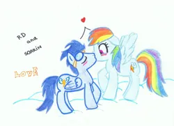 Size: 900x650 | Tagged: safe, artist:deltalix, derpibooru import, rainbow dash, soarin', pegasus, pony, blushing, eyes closed, female, image, jpeg, kiss on the lips, kissing, male, mare, shipping, soarindash, stallion, straight, traditional art