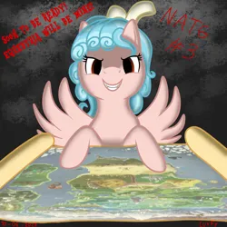 Size: 1920x1920 | Tagged: safe, artist:lurfy, derpibooru import, cozy glow, pegasus, pony, atg 2023, fangs, female, filly, foal, grin, image, jpeg, map, newbie artist training grounds, smiling, solo, text