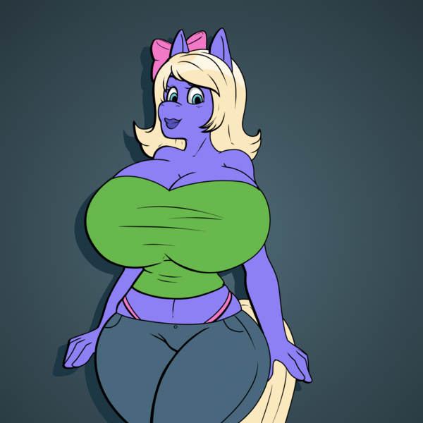 Size: 1919x1919 | Tagged: suggestive, artist:axelferdinan, derpibooru import, oc, anthro, earth pony, big breasts, bimbo, blonde, blonde hair, blue eyes, bow, bra, breasts, busty oc, cleavage, clothes, crop top bra, earth pony oc, eyelashes, female oc, hair bow, halter, hips, huge breasts, image, legs together, lips, looking at you, midriff, panties, png, skintight clothes, solo, tail, thighs, thong, thunder thighs, underwear, waist, wide hips