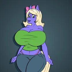 Size: 1919x1919 | Tagged: suggestive, artist:axelferdinan, derpibooru import, oc, anthro, earth pony, big breasts, bimbo, blonde, blonde hair, blue eyes, bow, bra, breasts, busty oc, cleavage, clothes, crop top bra, earth pony oc, eyelashes, female oc, hair bow, halter, hips, huge breasts, image, legs together, lips, looking at you, midriff, panties, png, skintight clothes, solo, tail, thighs, thong, thunder thighs, underwear, waist, wide hips