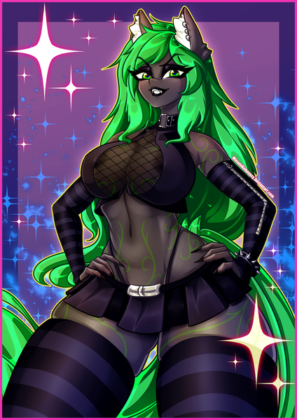 Size: 2893x4092 | Tagged: questionable, artist:minamikoboyasy, derpibooru import, oc, oc:sekai, unofficial characters only, anthro, earth pony, anthro oc, areola, areola slip, belly button, belt, belt buckle, body markings, bracelet, clothes, ear fluff, ear piercing, earring, earth pony oc, erect nipples, fangs, goth, hand on hip, image, jewelry, looking at you, markings, midriff, nipple outline, nipples, nudity, piercing, png, simple background, skirt, smug, socks, solo, sparkles, spiked wristband, stockings, thigh highs, wristband, zipper