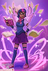 Size: 2037x3000 | Tagged: safe, artist:corazon, artist:corazonarts, derpibooru import, twilight sparkle, human, blackwashing, book, bowtie, clothes, dark skin, elf ears, female, flats, friendship journal, glasses, humanized, image, levitation, looking at you, magic, nail polish, open mouth, png, shirt, shoes, skirt, socks, solo, stockings, sweater vest, telekinesis, thigh highs, unicorns as elves, vest, winged humanization, wings
