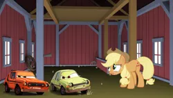 Size: 1706x959 | Tagged: safe, derpibooru import, applejack, pony, car, cars (pixar), cars 2, crying, grem and acer, image, png