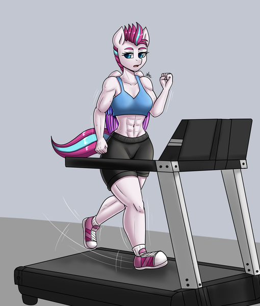 Size: 1700x2000 | Tagged: safe, artist:zachc, derpibooru import, zipp storm, anthro, pegasus, g5, abs, clothes, commission, converse, female, image, muscles, muscular female, open mouth, png, ripped zipp, running, shoes, shorts, solo, tanktop, treadmill