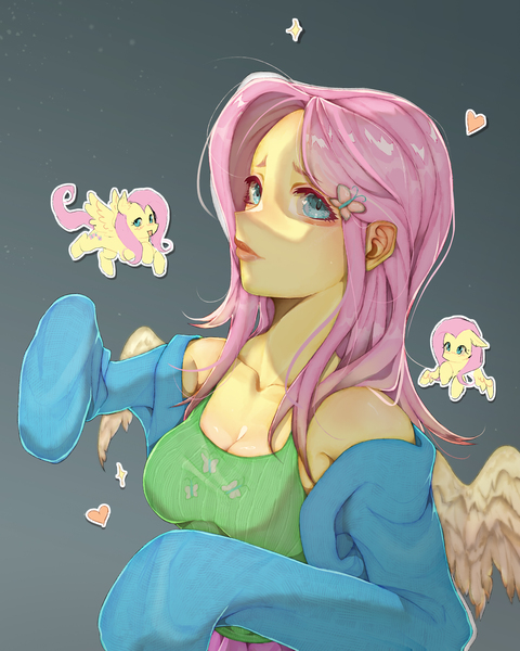 Size: 2400x3000 | Tagged: safe, artist:rainbowsherbs, derpibooru import, fluttershy, human, pegasus, pony, butterfly hairpin, female, heart, high res, human ponidox, humanized, image, jpeg, mare, micro, pony coloring, self paradox, self ponidox, tiny, tiny ponies, winged humanization, wings