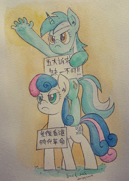 Size: 414x579 | Tagged: safe, artist:daisymane, derpibooru import, bon bon, lyra heartstrings, sweetie drops, chinese text, hong kong, image, jpeg, moon runes, politics, traditional art