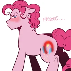Size: 1200x1200 | Tagged: safe, artist:princeofrecycling, derpibooru import, pinkie pie, earth pony, pony, blushing, bubble berry, cross-popping veins, emanata, floppy ears, hoofprint, image, implied spanking, looking at you, looking back, looking back at you, male, png, rule 63, simple background, solo, stallion, white background