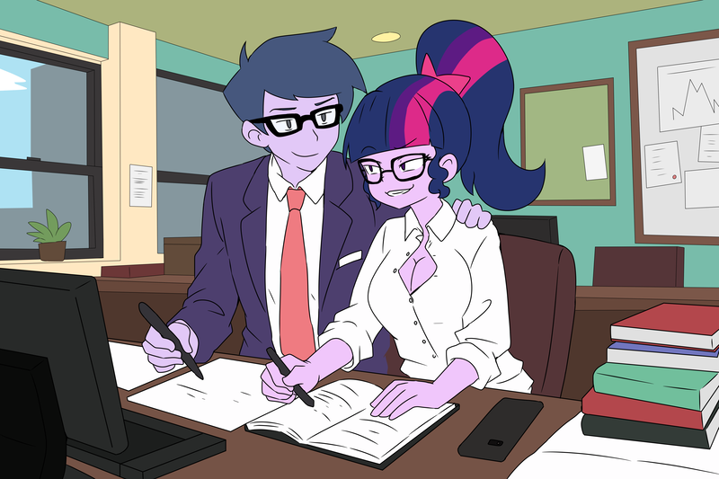 Size: 4200x2800 | Tagged: safe, artist:lirudraw, derpibooru import, microchips, sci-twi, twilight sparkle, human, equestria girls, book, breasts, busty twilight sparkle, cleavage, clothes, computer, digital art, duo, female, glasses, grin, hand on shoulder, image, male, microlight, necktie, notebook, office, office lady, pen, png, shipping, smiling, straight, suit