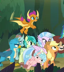 Size: 534x600 | Tagged: safe, derpibooru import, edit, edited screencap, screencap, applejack, cozy glow, gallus, ocellus, sandbar, silverstream, smolder, yona, earth pony, pegasus, pony, non-compete clause, a better ending for cozy, cozy edit, forest, image, png, student seven, tree