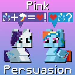 Size: 1240x1240 | Tagged: safe, artist:silk-rose, derpibooru import, rainbow dash, rarity, drop shadow, gradient background, image, implied lesbian, implied pinkie pie, implied pinkiedash, implied shipping, math, pictogram, pixel art, png, sitting, speech bubble, text, upscaled