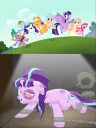 Size: 1500x2006 | Tagged: semi-grimdark, ponerpics import, ponybooru import, applejack, cozy glow, fluttershy, pinkie pie, rainbow dash, rarity, spike, starlight glimmer, twilight sparkle, the cutie re-mark, abuse, alternate ending, alternate universe, glimmerbuse, good end, image, jpeg, mane six, starlight gets what's coming to her